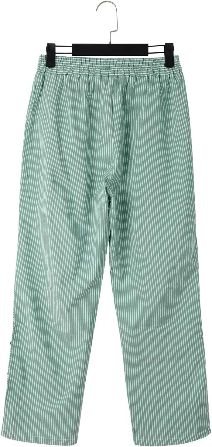 Striped Linen Pants for Women Casual Straight Leg Elastic Waist Pants Beach Side Button Summer Pants with Pockets
