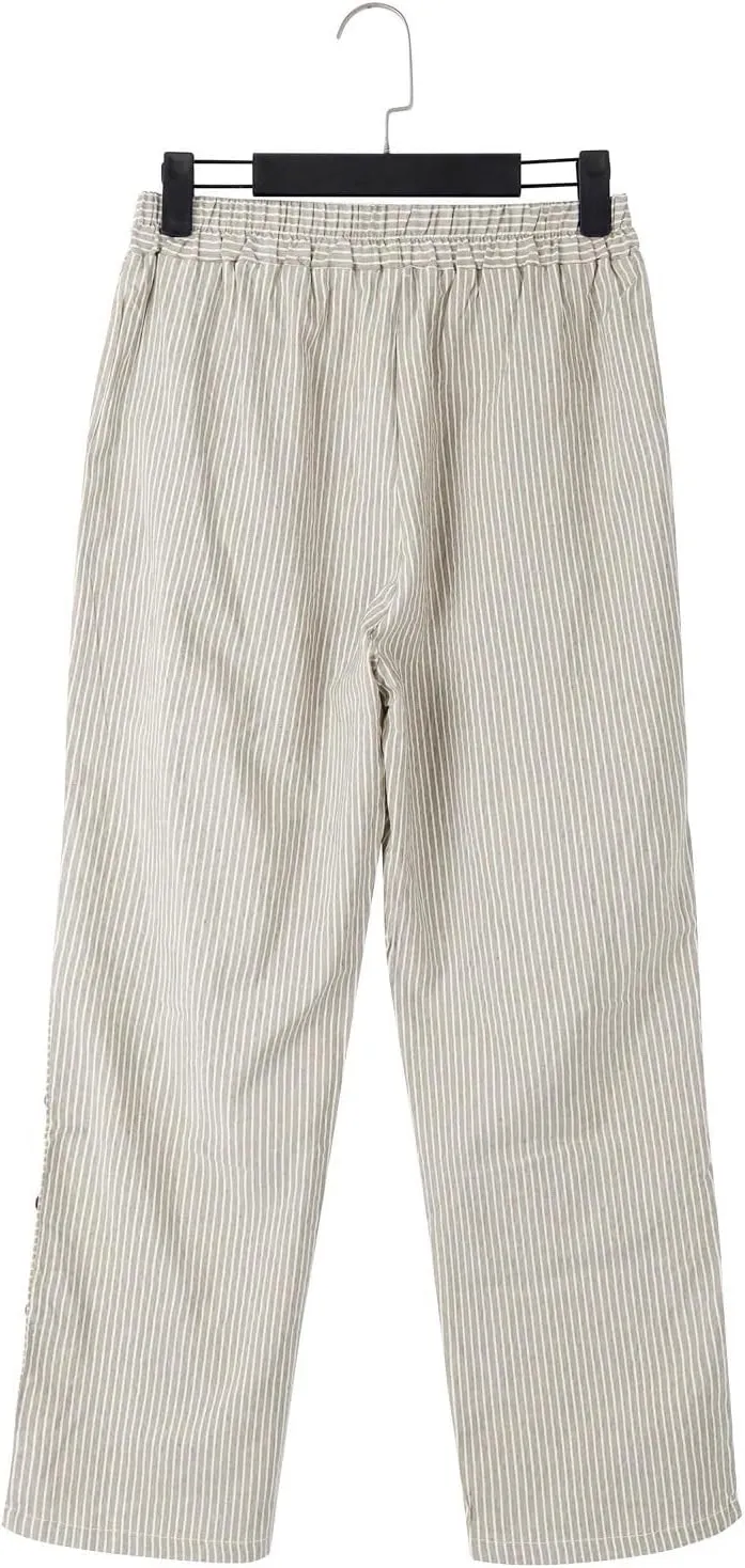 Striped Linen Pants for Women Casual Straight Leg Elastic Waist Pants Beach Side Button Summer Pants with Pockets