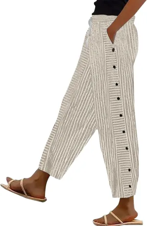 Striped Linen Pants for Women Casual Straight Leg Elastic Waist Pants Beach Side Button Summer Pants with Pockets