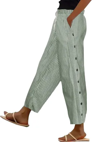 Striped Linen Pants for Women Casual Straight Leg Elastic Waist Pants Beach Side Button Summer Pants with Pockets