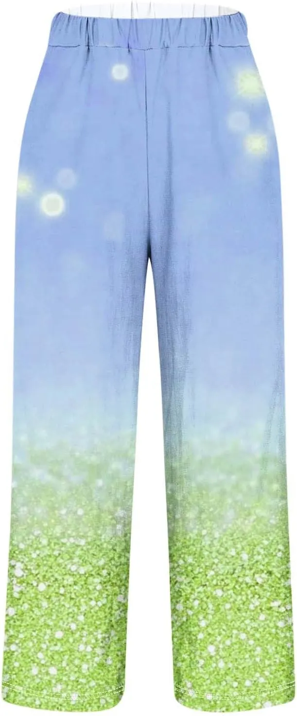 Summer Boho Cotton Linen Pant for Women, Lightweight Elastic Waist Baggy Casual Trousers with Pockets