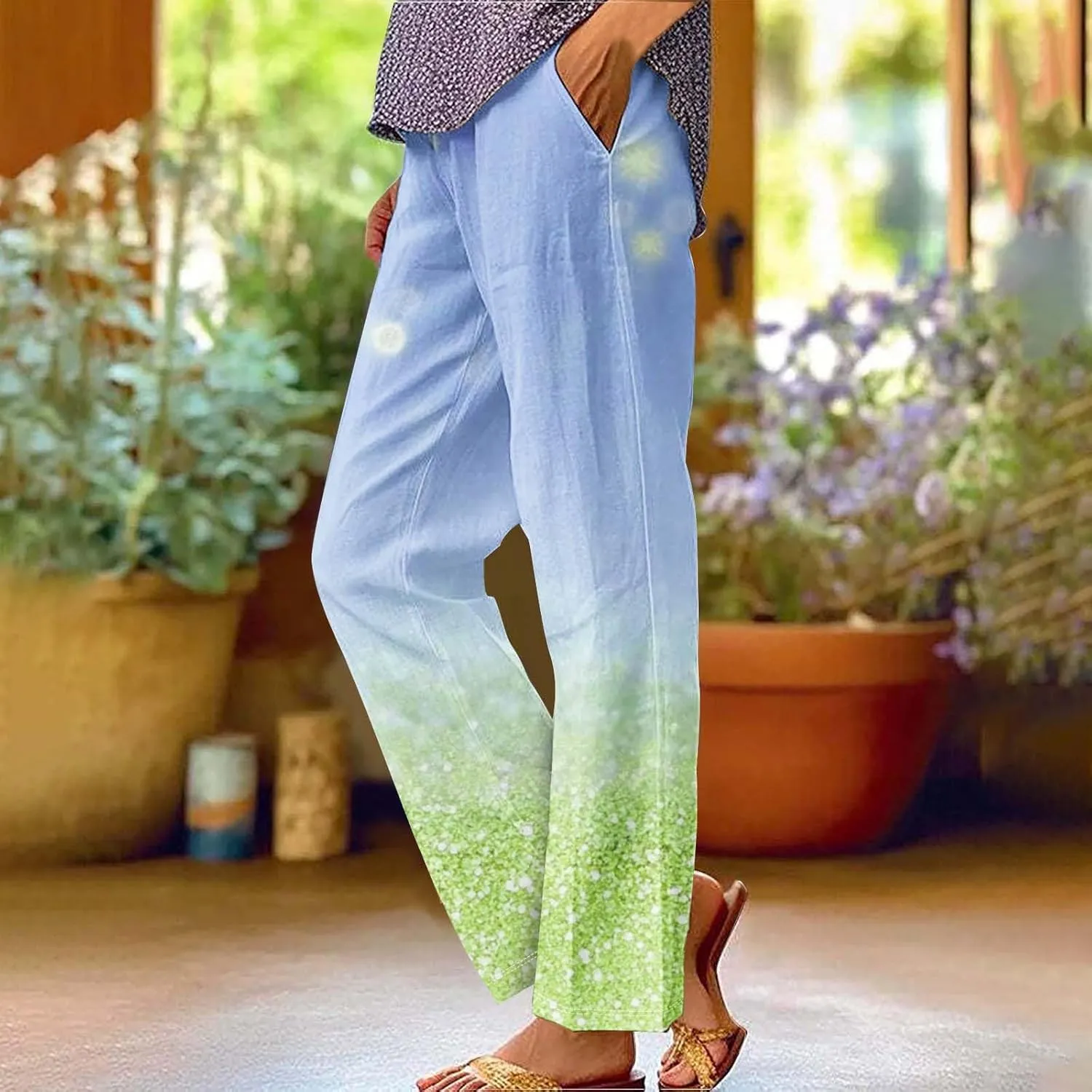 Summer Boho Cotton Linen Pant for Women, Lightweight Elastic Waist Baggy Casual Trousers with Pockets
