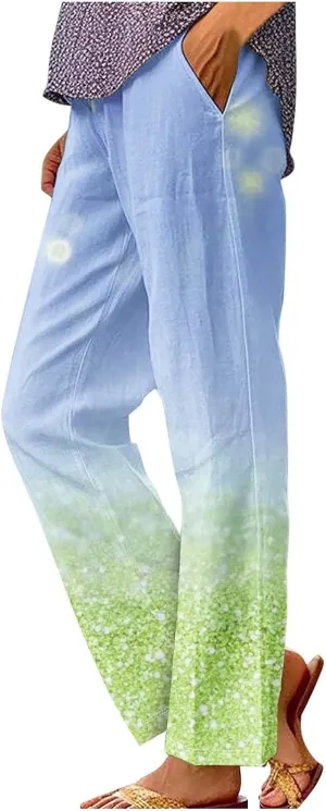 Summer Boho Cotton Linen Pant for Women, Lightweight Elastic Waist Baggy Casual Trousers with Pockets