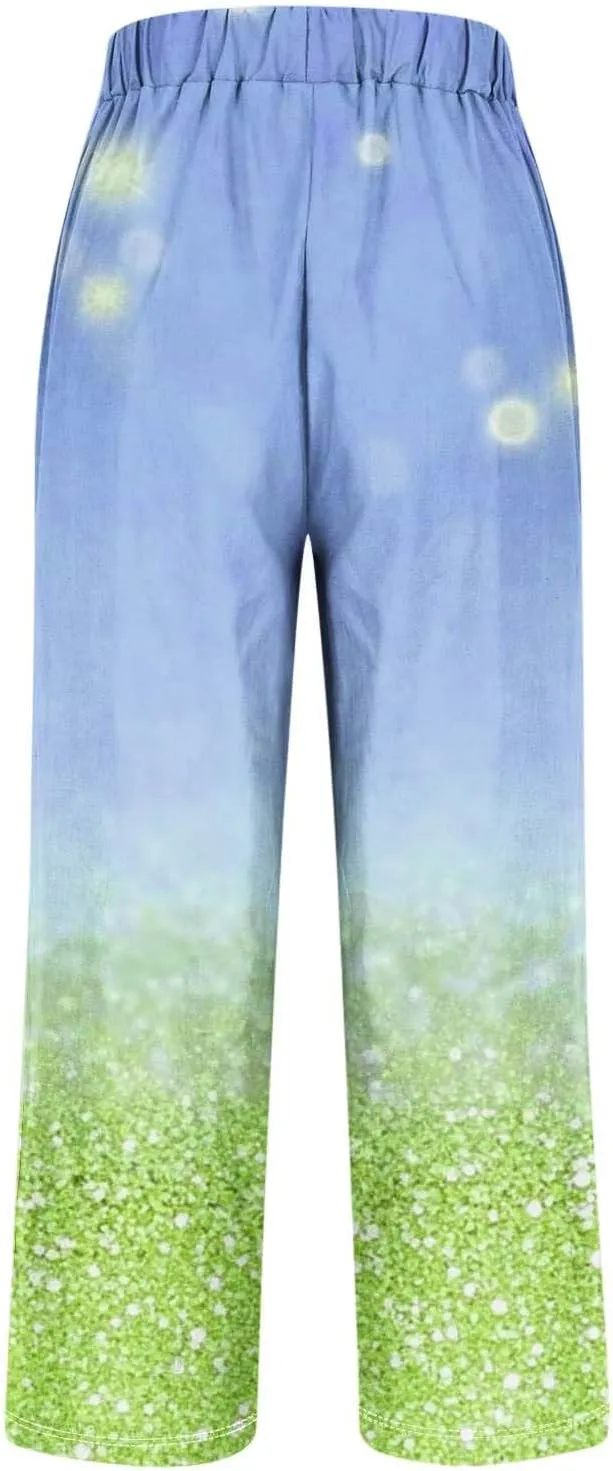 Summer Boho Cotton Linen Pant for Women, Lightweight Elastic Waist Baggy Casual Trousers with Pockets
