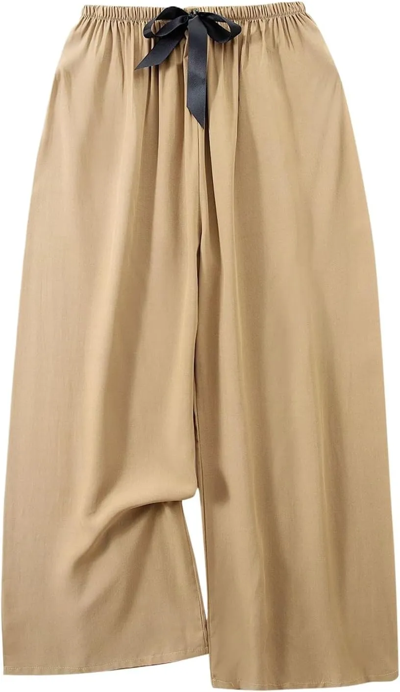 Summer Boho Flower Print Tshirts Womens Linen Pants Casual Relax Fit Vacation Pants High Waist Palazzo Trousers 2024, #C1-khaki