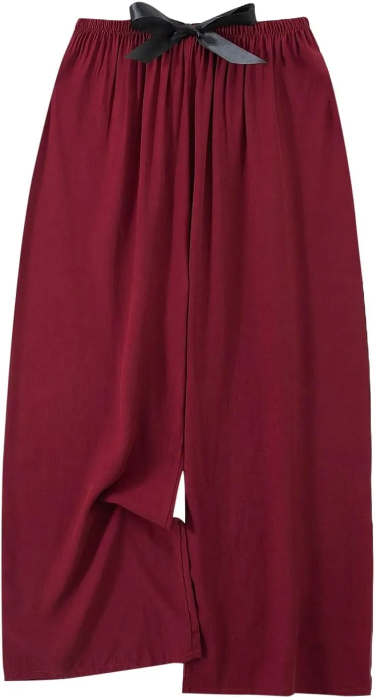 Summer Boho Flower Print Tshirts Womens Linen Pants Casual Relax Fit Vacation Pants High Waist Palazzo Trousers 2024, #C3-red