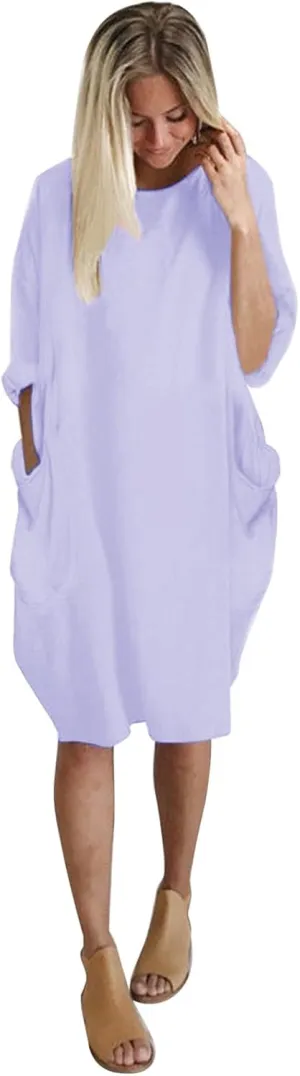 Summer Dresses for Women 2025, Baggy Curvy Sleeve Oversized Tshirt Dress Colorful Solid Round Neck Dresses with Pockets