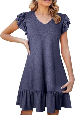 Summer Dresses for Women 2025 Trendy Ruffle Cap Sleeve Mini Dress Loose Pleated Flowy Casual Going Out Beach Dress
