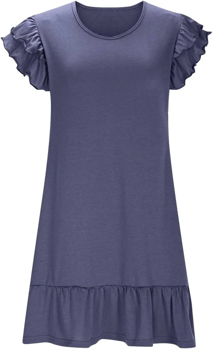 Summer Dresses for Women 2025 Trendy Ruffle Cap Sleeve Mini Dress Loose Pleated Flowy Casual Going Out Beach Dress