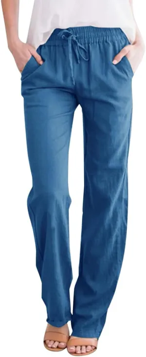 Summer Linen Pants for Women 2025 Casual Drawstring High Waisted Linen Pants Beach Wide Leg Trousers with Pockets