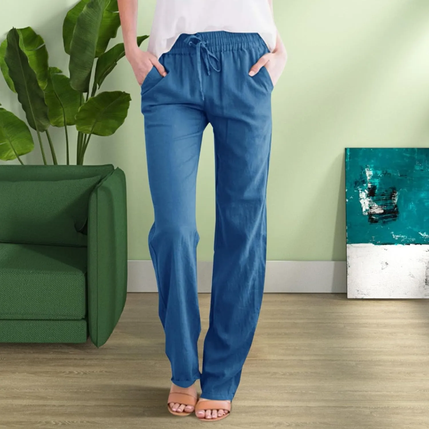 Summer Linen Pants for Women 2025 Casual Drawstring High Waisted Linen Pants Beach Wide Leg Trousers with Pockets