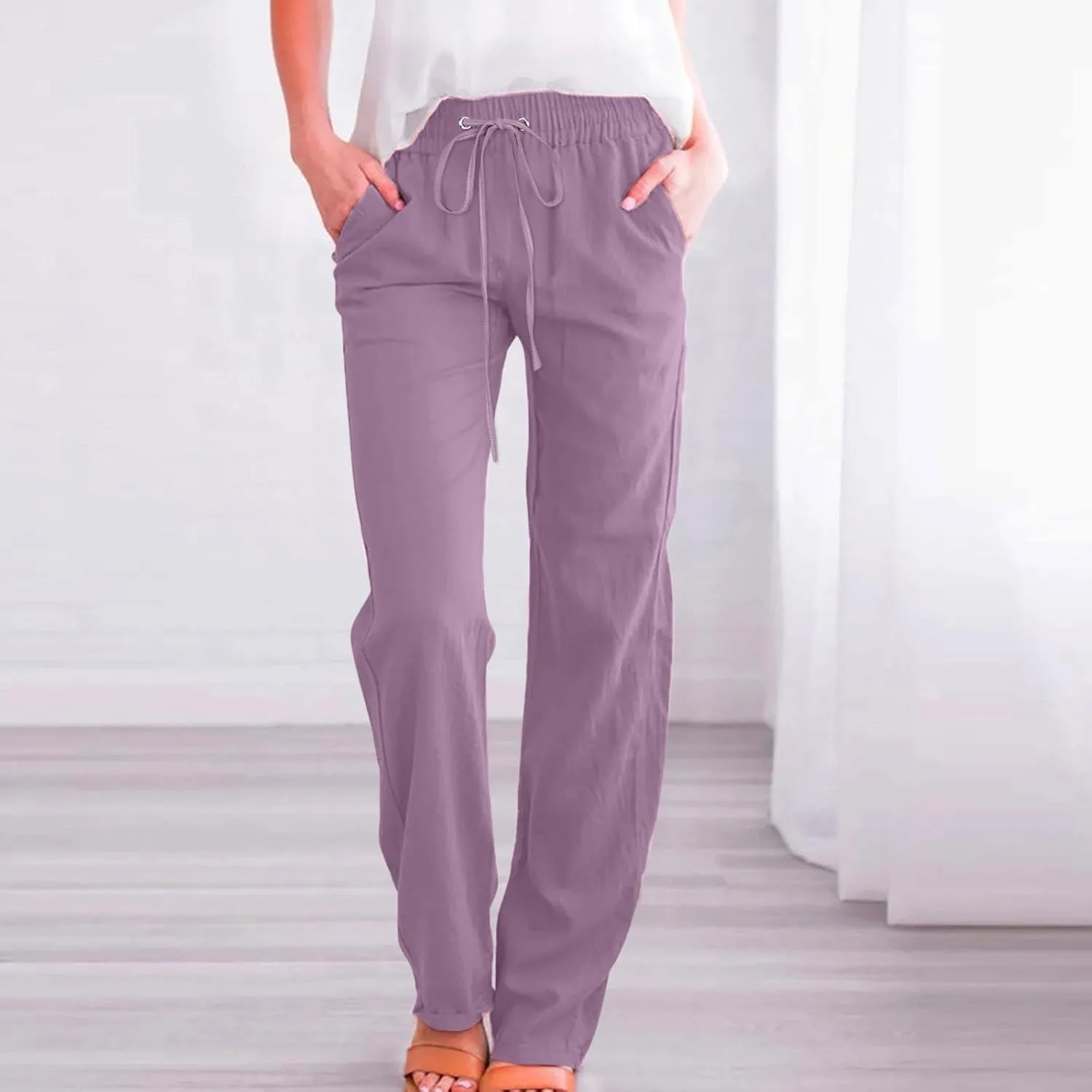 Summer Linen Pants for Women Lightweight Relax Fit Elastic Waist Solid Lounge Long Pants Trendy Beach Boho Trousers