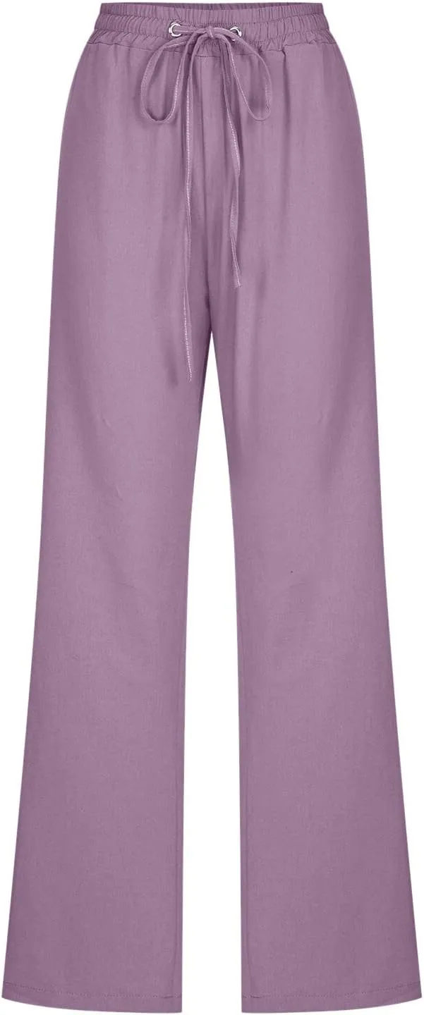 Summer Linen Pants for Women Lightweight Relax Fit Elastic Waist Solid Lounge Long Pants Trendy Beach Boho Trousers