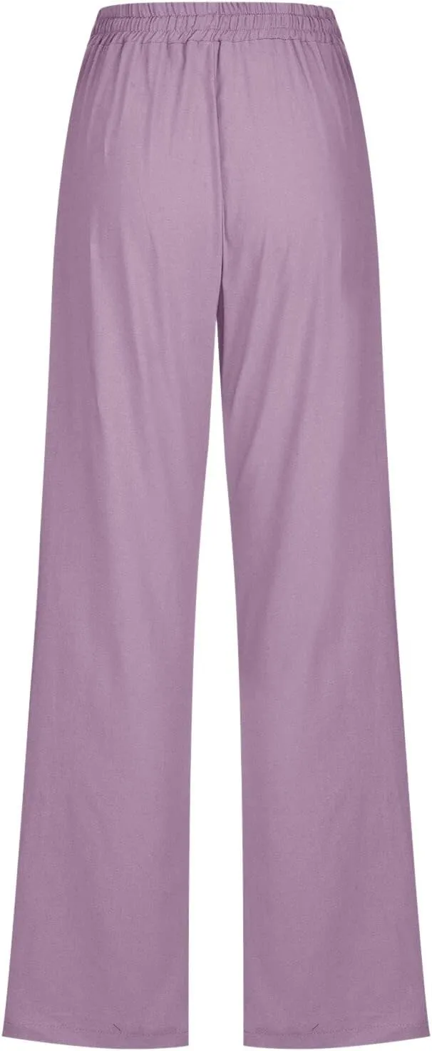 Summer Linen Pants for Women Lightweight Relax Fit Elastic Waist Solid Lounge Long Pants Trendy Beach Boho Trousers