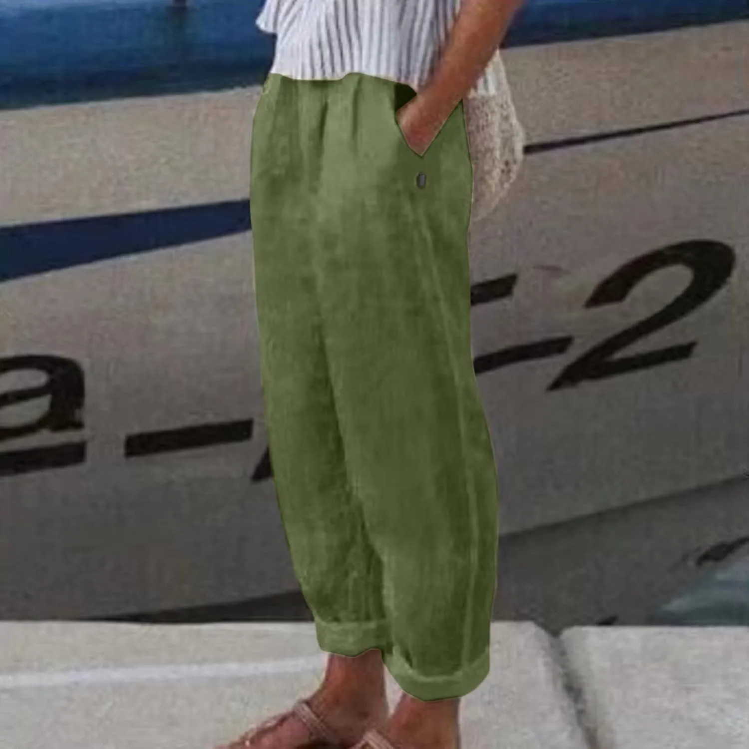 Summer Pants for Women 2024 Plus Size Linen Cotton Solid Lightweight Elastic Waist Casual Loose Comfy Trousers with Pockets