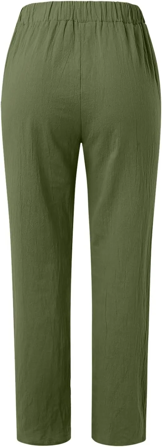 Summer Pants for Women 2024 Plus Size Linen Cotton Solid Lightweight Elastic Waist Casual Loose Comfy Trousers with Pockets