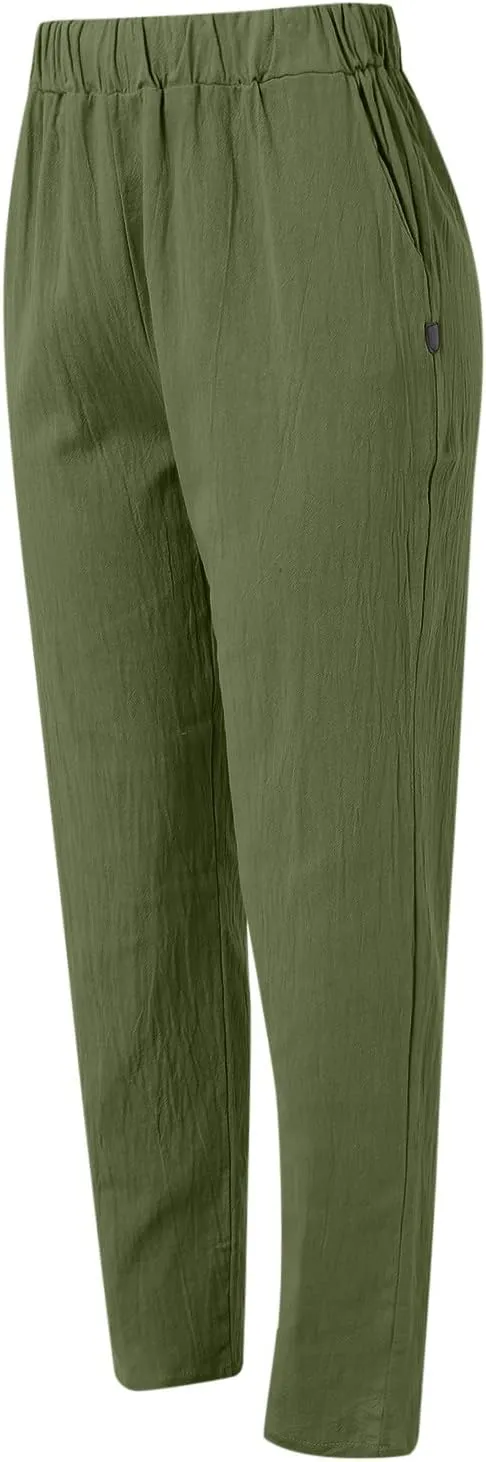 Summer Pants for Women 2024 Plus Size Linen Cotton Solid Lightweight Elastic Waist Casual Loose Comfy Trousers with Pockets
