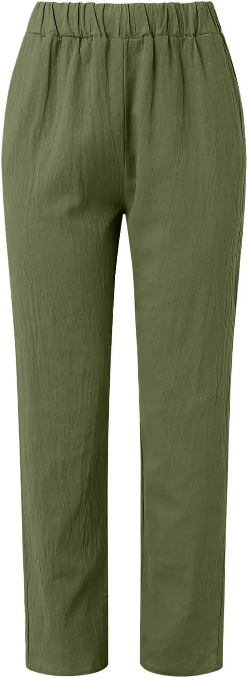Summer Pants for Women 2024 Plus Size Linen Cotton Solid Lightweight Elastic Waist Casual Loose Comfy Trousers with Pockets