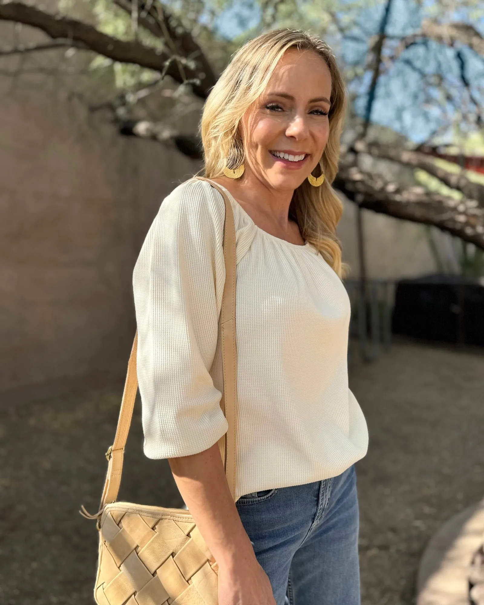SUNRISE waffle knit top in Almond Milk