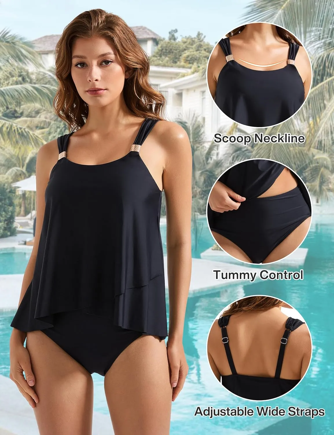 SUUKSESS Women Ruffle High Waisted Tankini Swimsuit Tummy Control Bathing Suit
