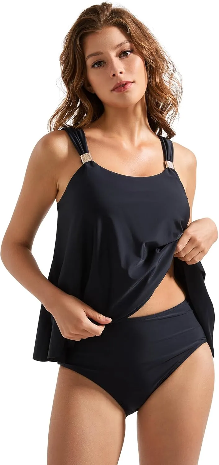 SUUKSESS Women Ruffle High Waisted Tankini Swimsuit Tummy Control Bathing Suit