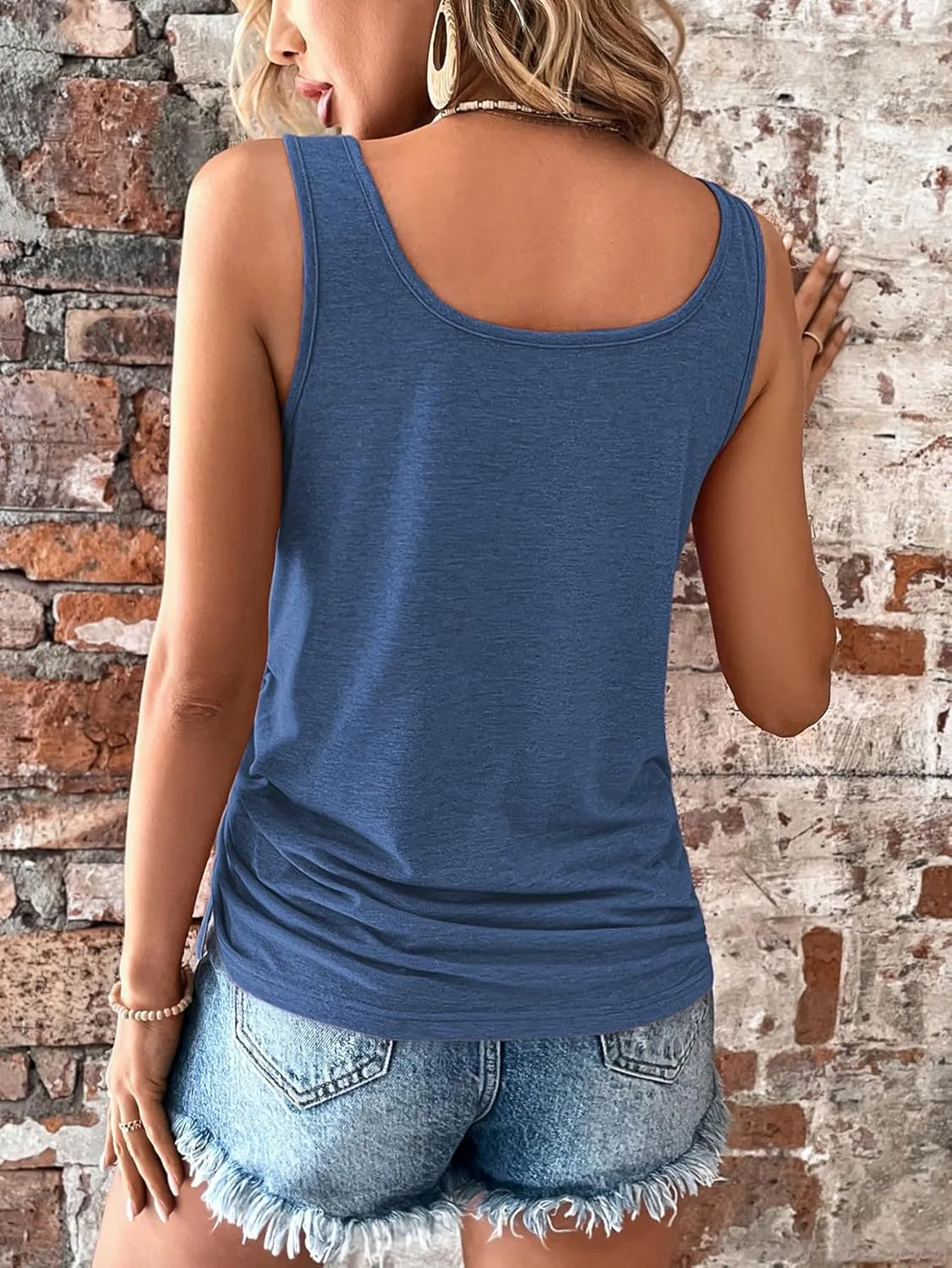 SweatyRocks Women's Scoop Neck Half Button Tank Top Casual Sleeveless Drawstring Tie Side Tops