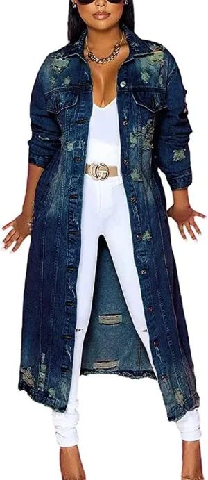 sysinside Womens Distressed Ripped Denim Trench Coat Casual Slim Button Down Washed Long Jean Jacket (Dark Blue,X-Large)