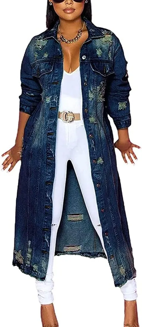 sysinside Womens Distressed Ripped Denim Trench Coat Casual Slim Button Down Washed Long Jean Jacket (Dark Blue,X-Large)