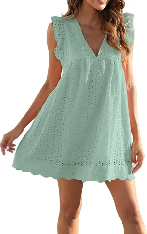 Tank Dress for Women Y2k Dresses Sleeveless Ruffle V Neck Hollow Loose Mini Dresses Boho Vacation Beach Sundress