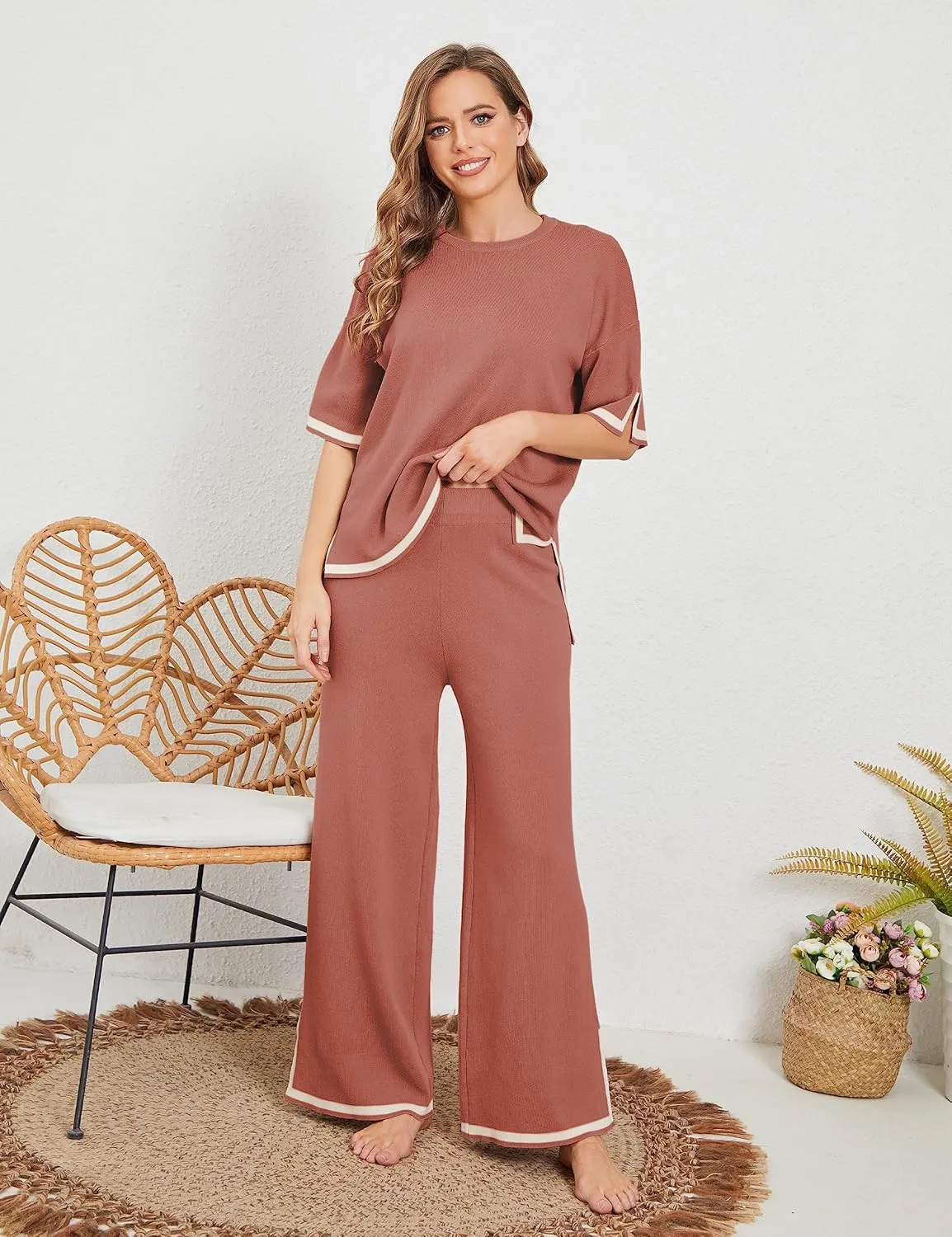Tanming Sweater Sets Women 2 Piece Lounge Sets Short Sleeve Knit Pullover Tops Wide Leg Pants
