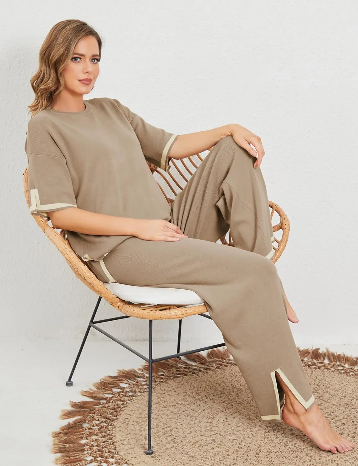 Tanming Sweater Sets Women 2 Piece Lounge Sets Short Sleeve Knit Pullover Tops Wide Leg Pants