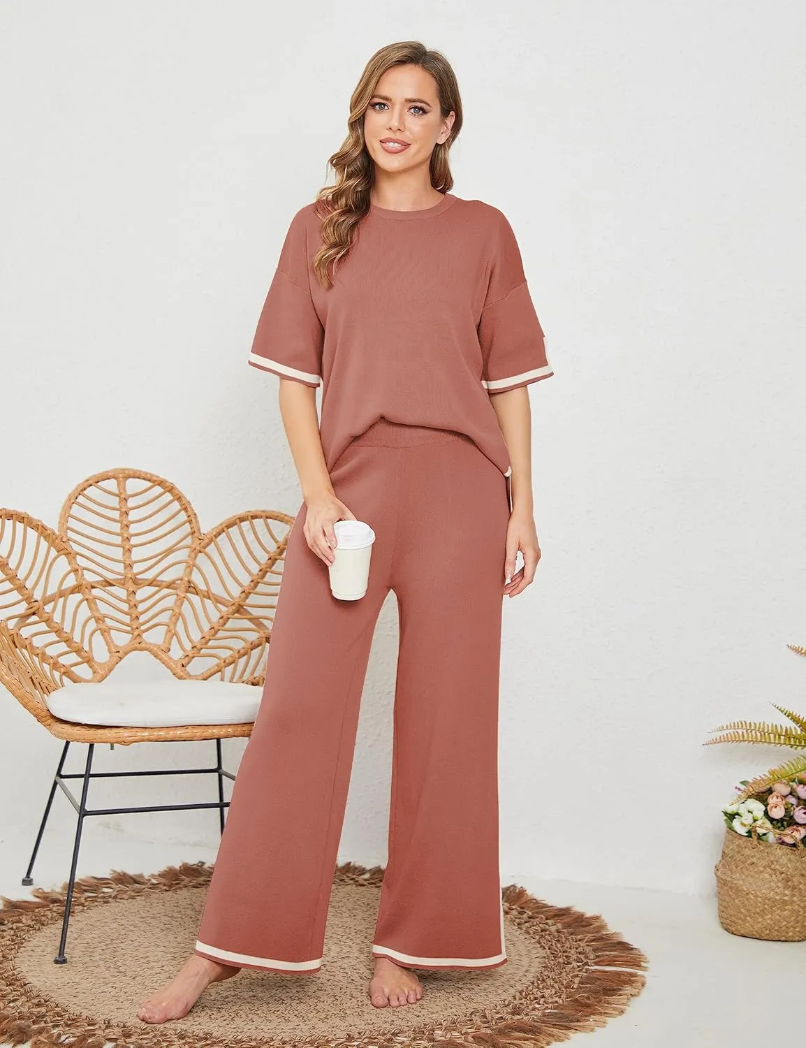 Tanming Sweater Sets Women 2 Piece Lounge Sets Short Sleeve Knit Pullover Tops Wide Leg Pants