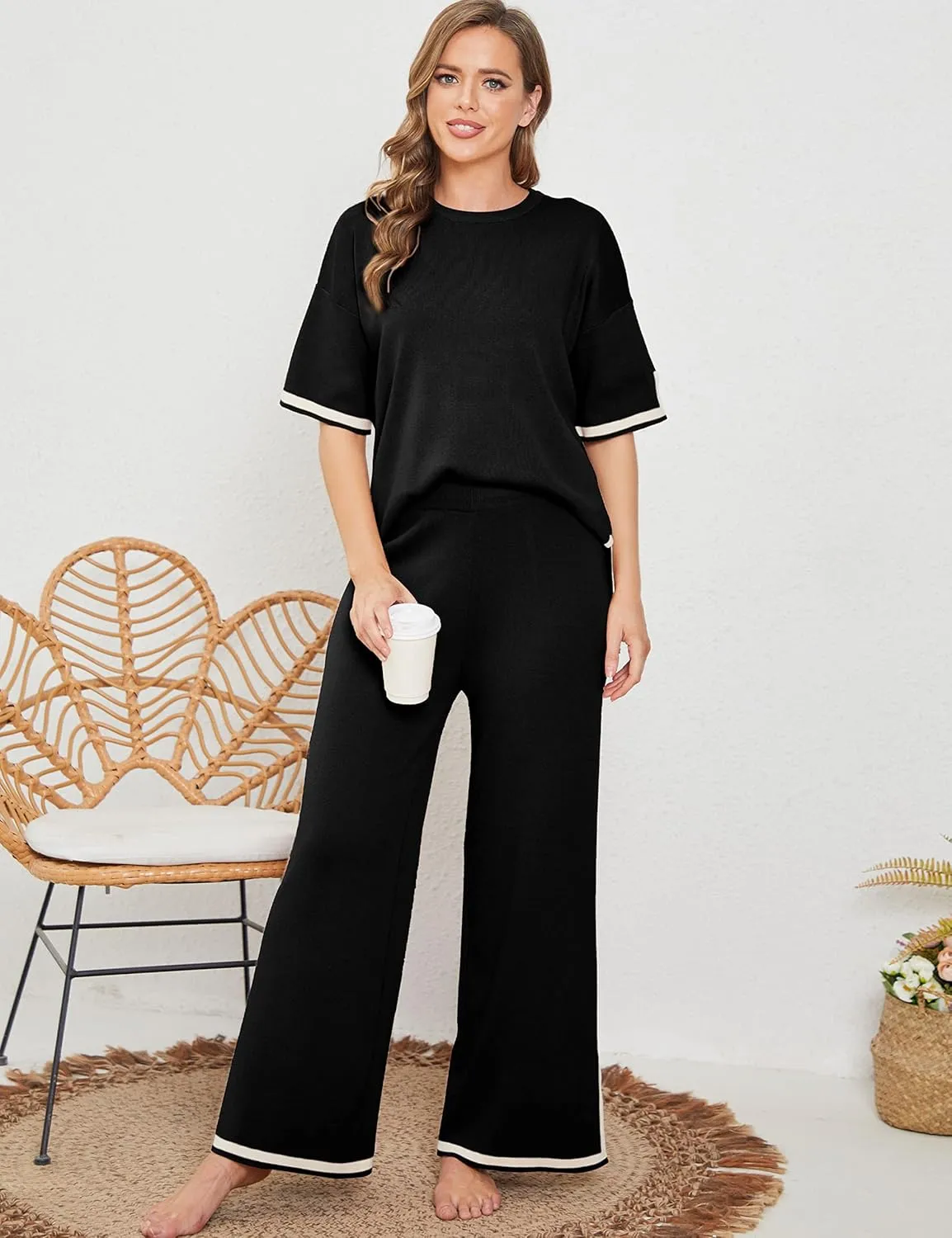 Tanming Sweater Sets Women 2 Piece Lounge Sets Short Sleeve Knit Pullover Tops Wide Leg Pants