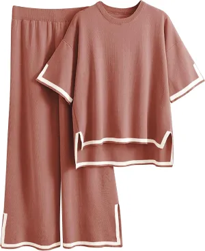 Tanming Sweater Sets Women 2 Piece Lounge Sets Short Sleeve Knit Pullover Tops Wide Leg Pants