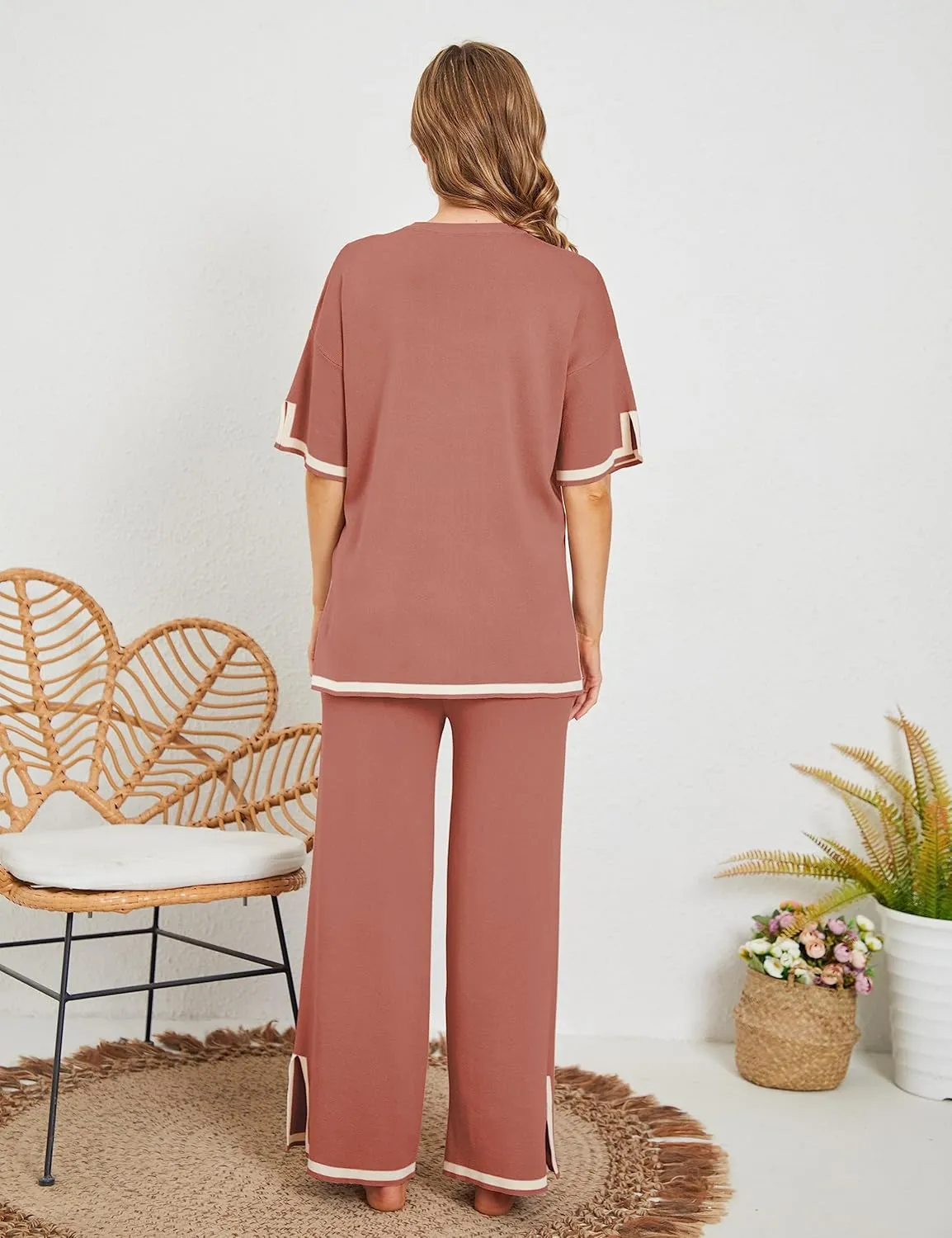 Tanming Sweater Sets Women 2 Piece Lounge Sets Short Sleeve Knit Pullover Tops Wide Leg Pants