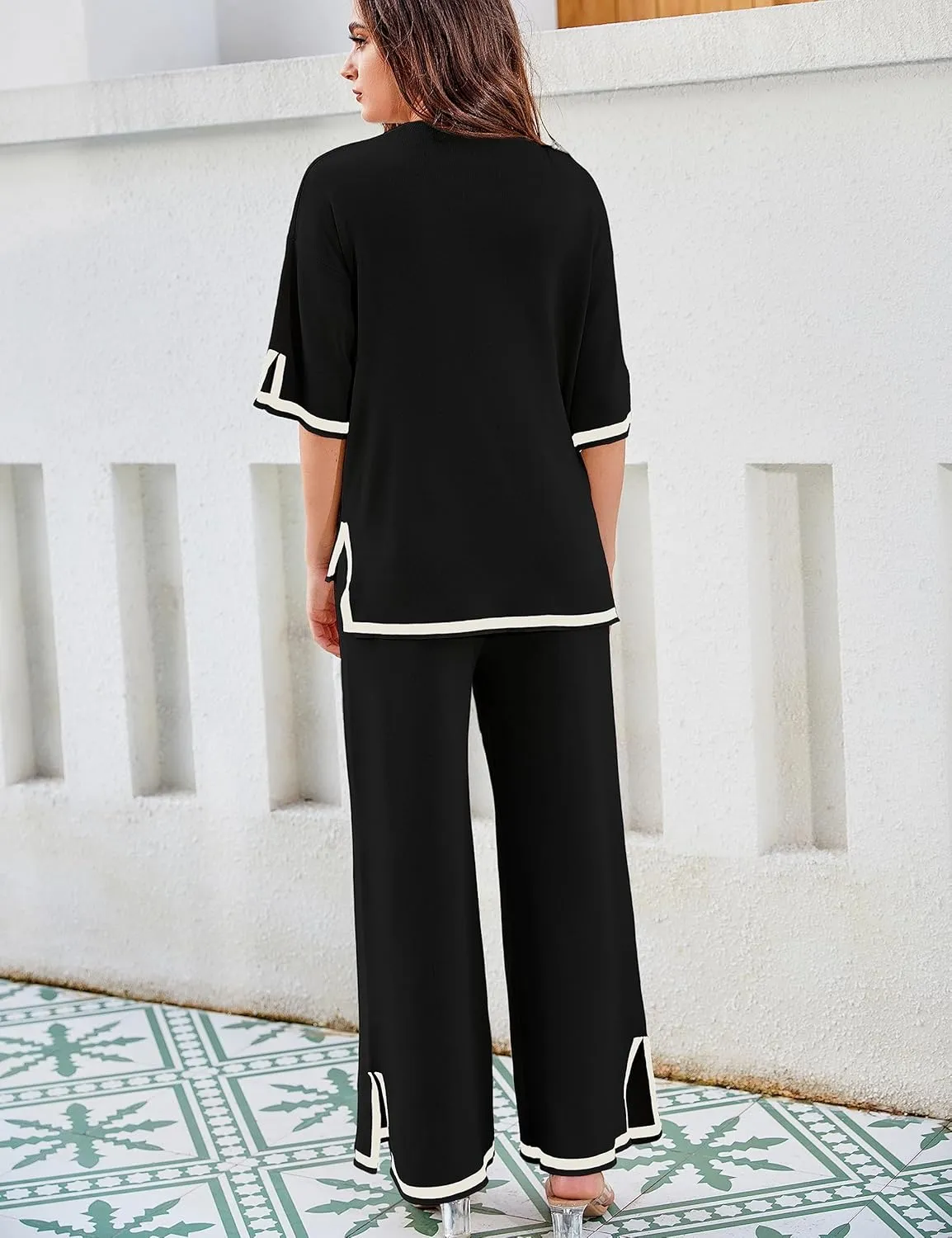 Tanming Sweater Sets Women 2 Piece Lounge Sets Short Sleeve Knit Pullover Tops Wide Leg Pants