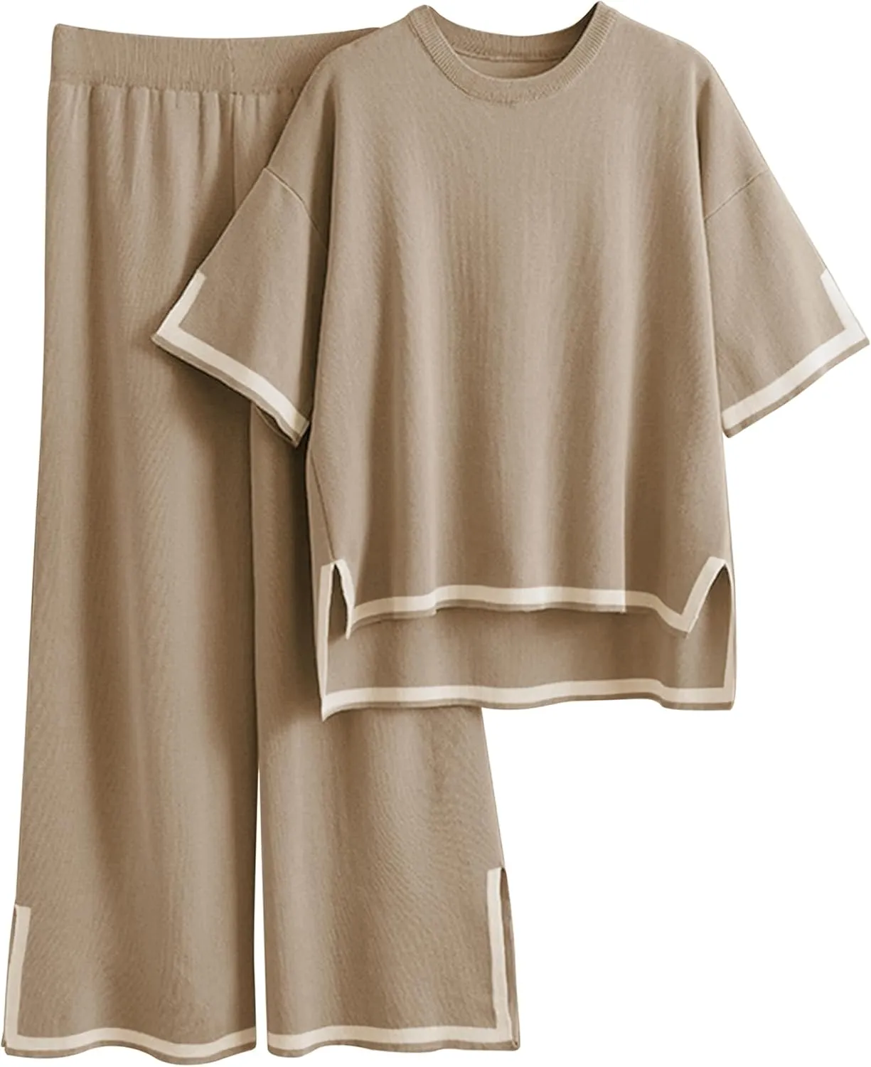 Tanming Sweater Sets Women 2 Piece Lounge Sets Short Sleeve Knit Pullover Tops Wide Leg Pants