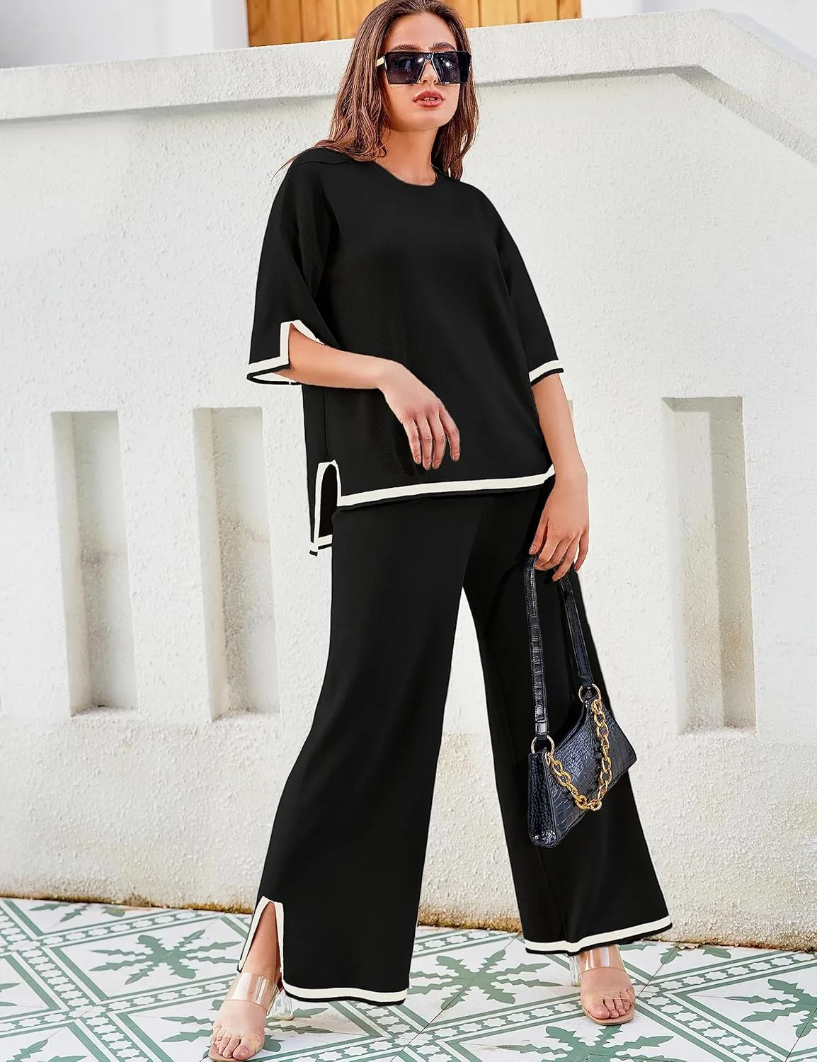 Tanming Sweater Sets Women 2 Piece Lounge Sets Short Sleeve Knit Pullover Tops Wide Leg Pants