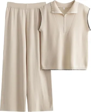 Tanming Two Piece Sets for Women Sleeveless Half Zip Sweater Vest Wide Leg Pants Sweatsuits Lounge Set
