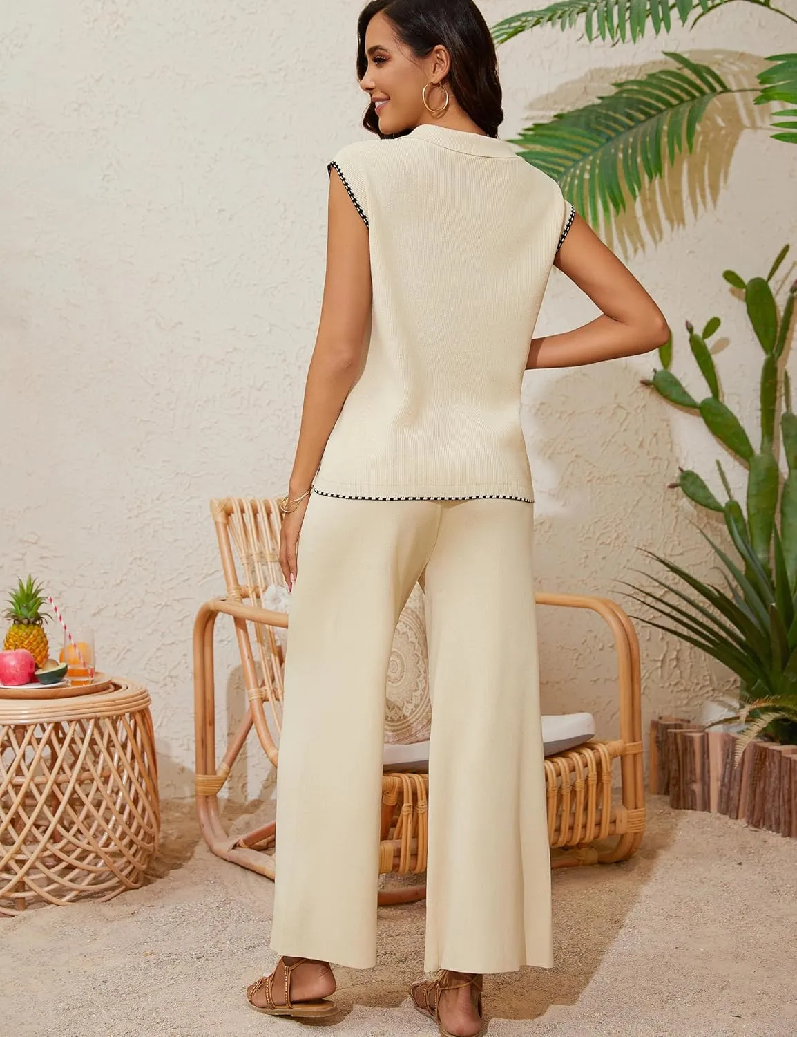 Tanming Two Piece Sets for Women Sleeveless Half Zip Sweater Vest Wide Leg Pants Sweatsuits Lounge Set