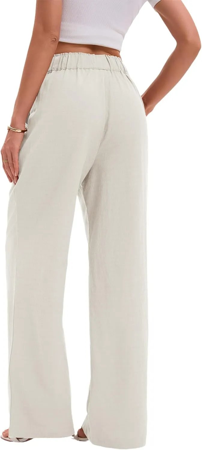TONCHENGSD Women's Linen Drawstring Elastic Waist Wide Leg Pants with Pockets