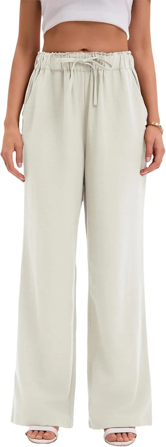 TONCHENGSD Women's Linen Drawstring Elastic Waist Wide Leg Pants with Pockets