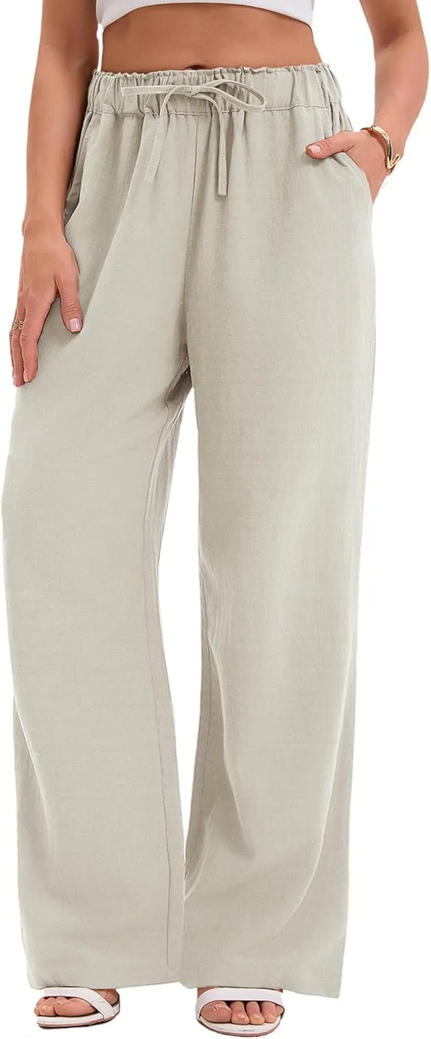 TONCHENGSD Women's Linen Drawstring Elastic Waist Wide Leg Pants with Pockets