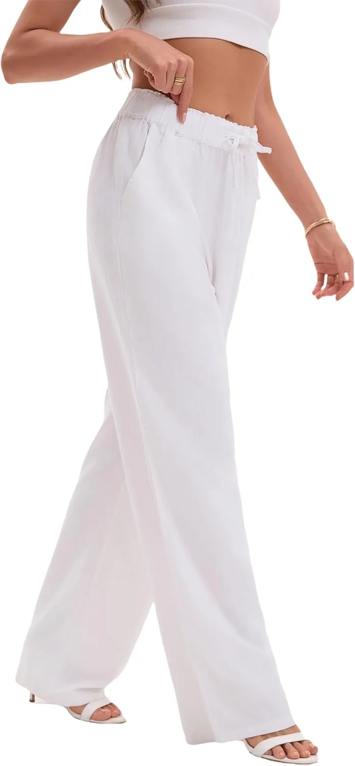 TONCHENGSD Women's Linen Drawstring Elastic Waist Wide Leg Pants with Pockets
