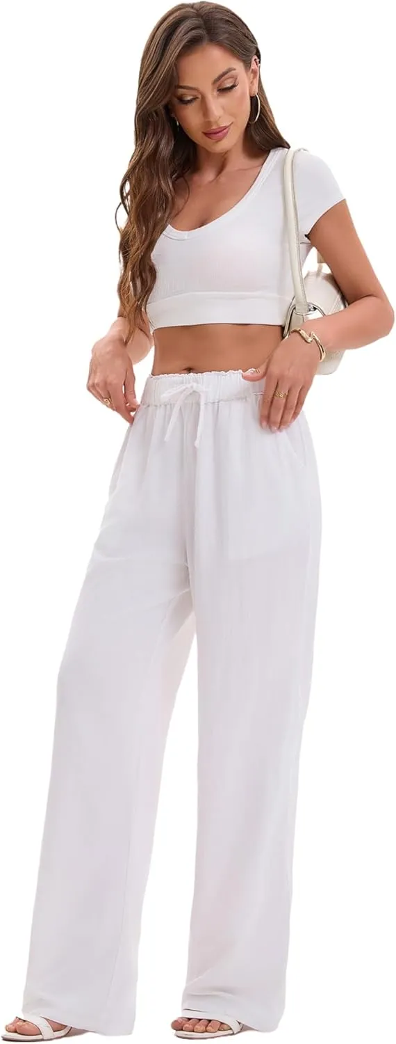 TONCHENGSD Women's Linen Drawstring Elastic Waist Wide Leg Pants with Pockets