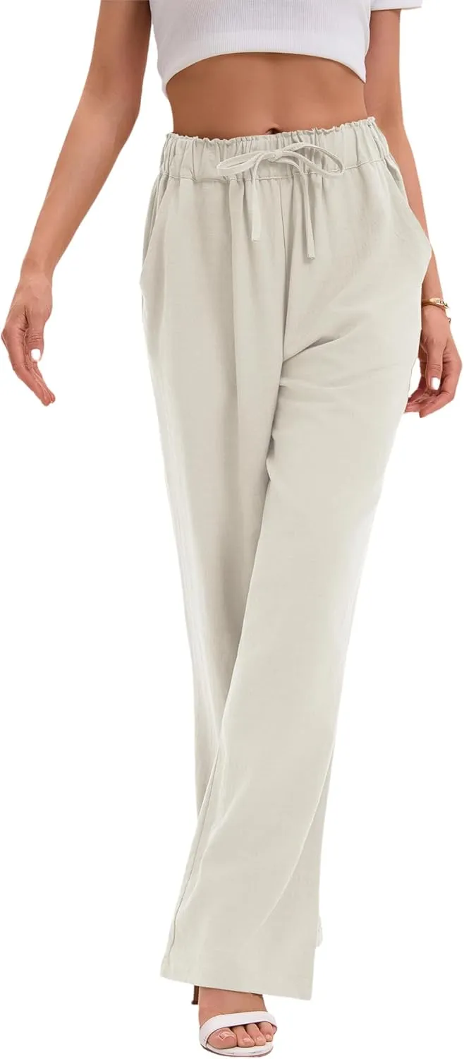 TONCHENGSD Women's Linen Drawstring Elastic Waist Wide Leg Pants with Pockets
