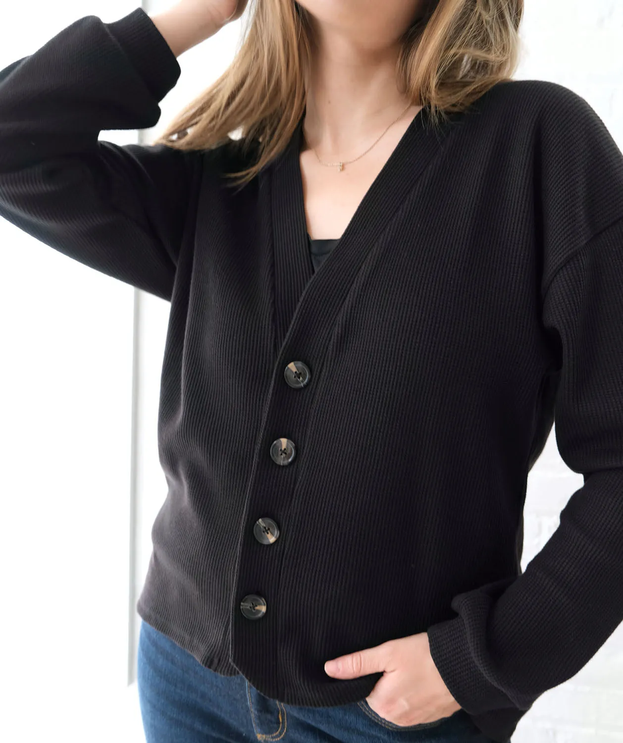 TORA waffle knit cardigan in Black