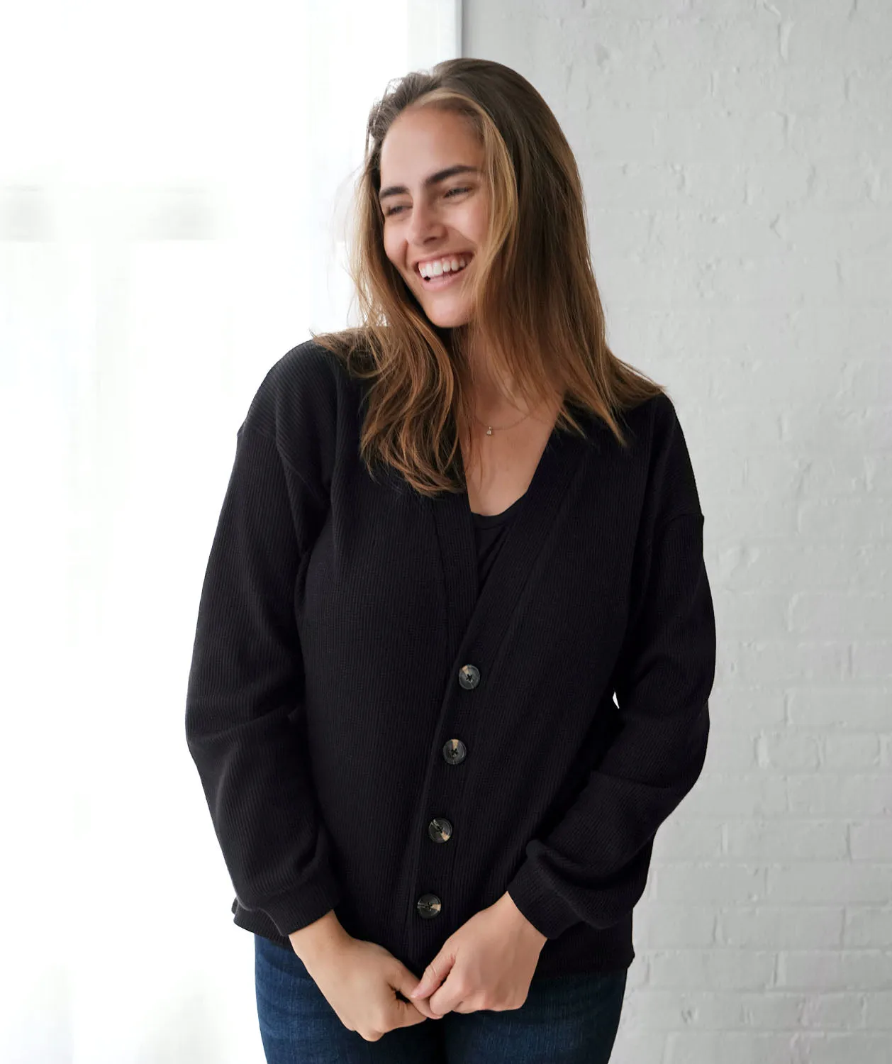TORA waffle knit cardigan in Black