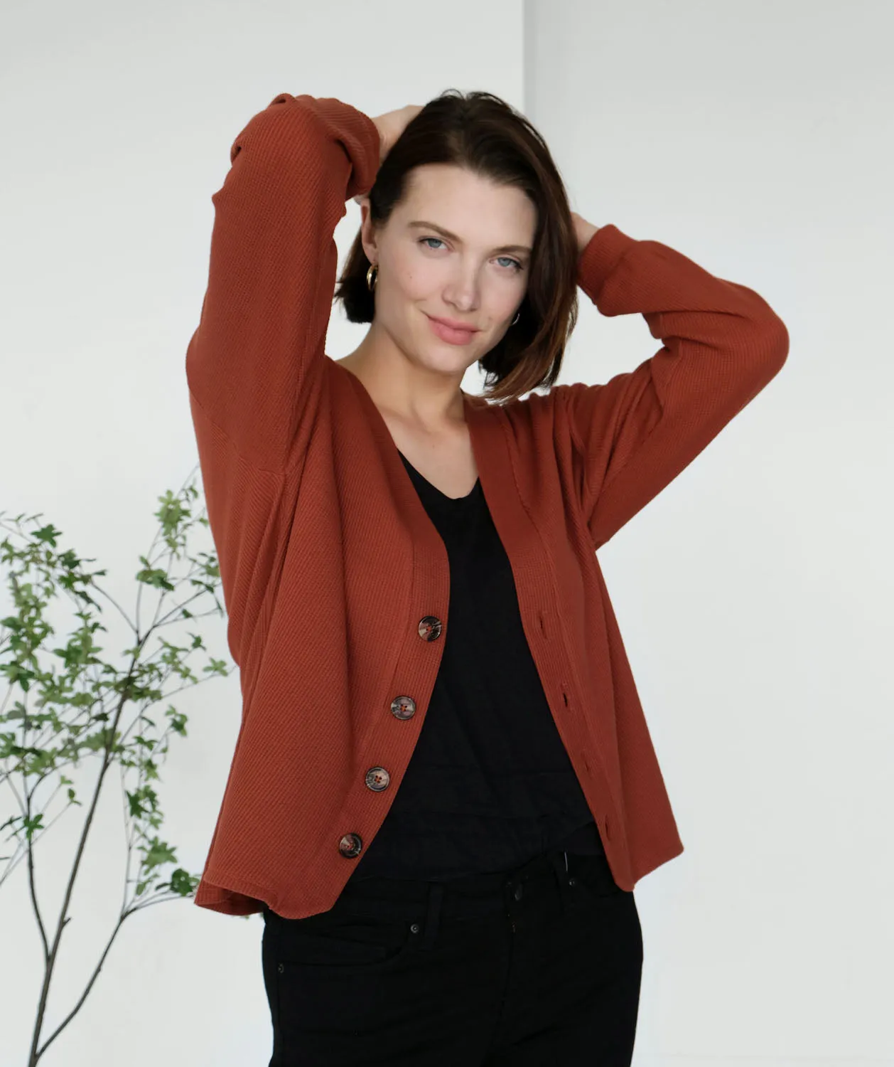 TORA waffle knit cardigan in Henna