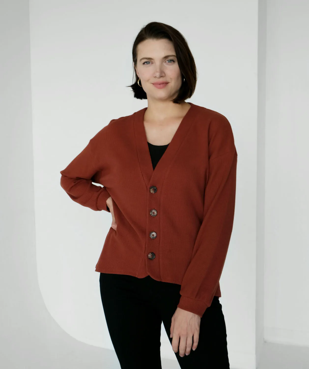 TORA waffle knit cardigan in Henna